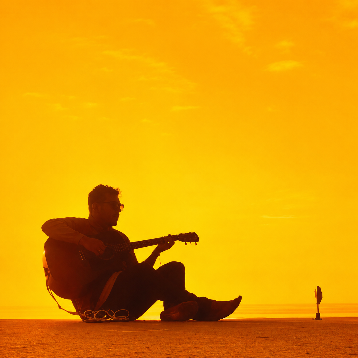 Retrato de Tiago Werner tocando violão ao pôr do sol